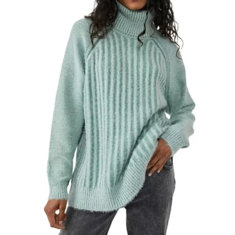 Free People Big City Sweater Turtleneck Cotton Knit Sage Green Blue Size Small